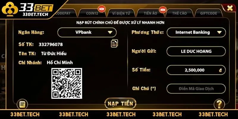 Nạp tiền 33BET qua ngân hàng độ bảo mật cao