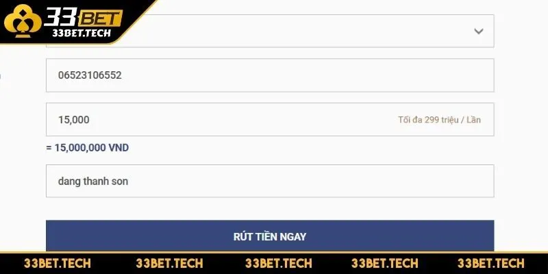 Quy trình rút tiền 33BET qua ngân hàng tiện lợi